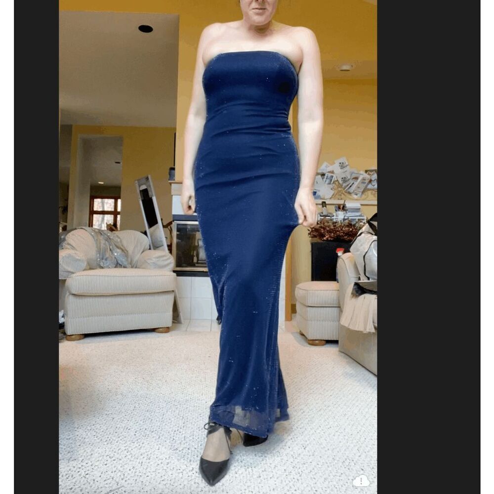 Jessica Mcclintock Gunne Sax Y2k Blue Silver Shiny Strapless Bustier Gown Formal